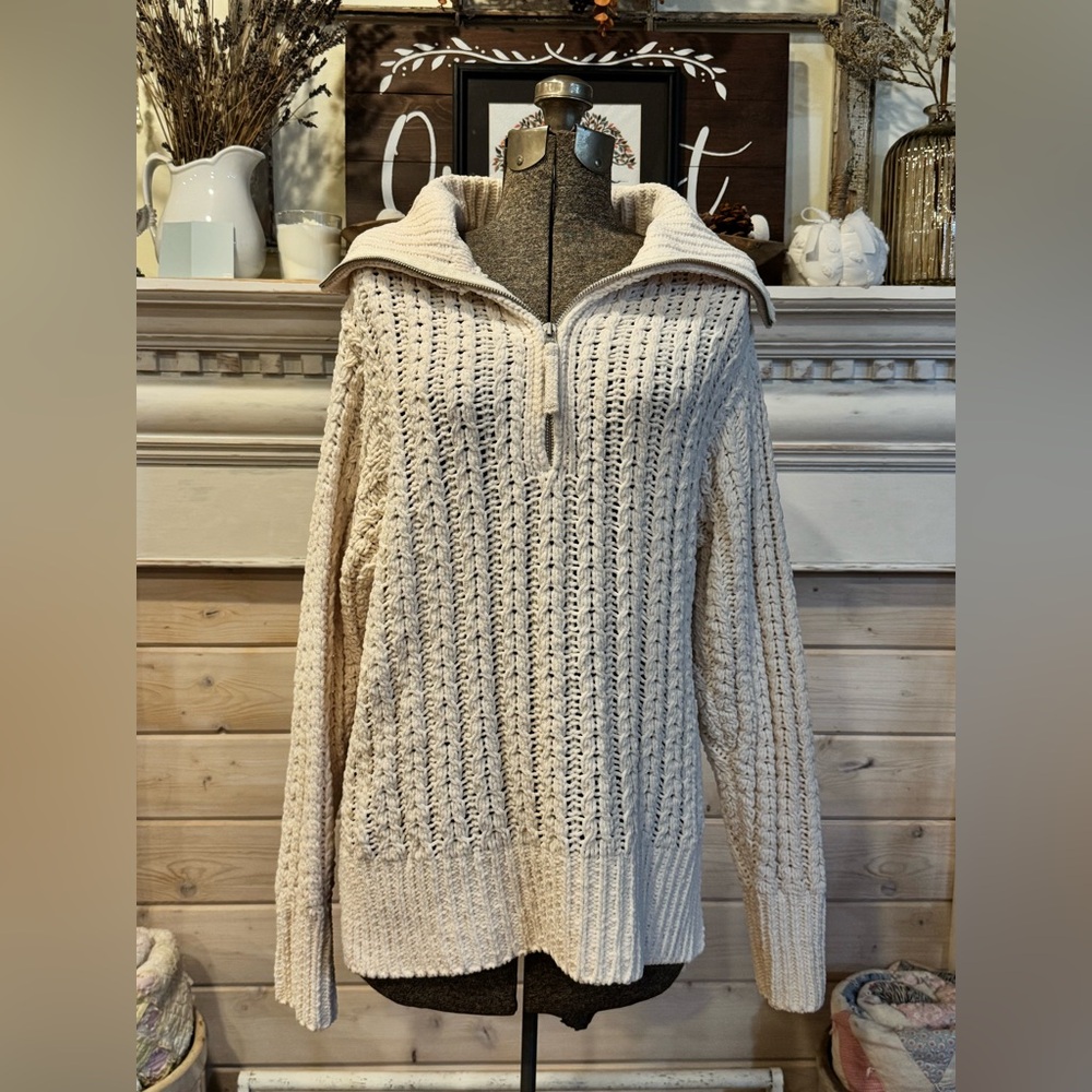 Aerie Cream Cowl Neck Cable Knit Quarter-Zip Sweater Size Small